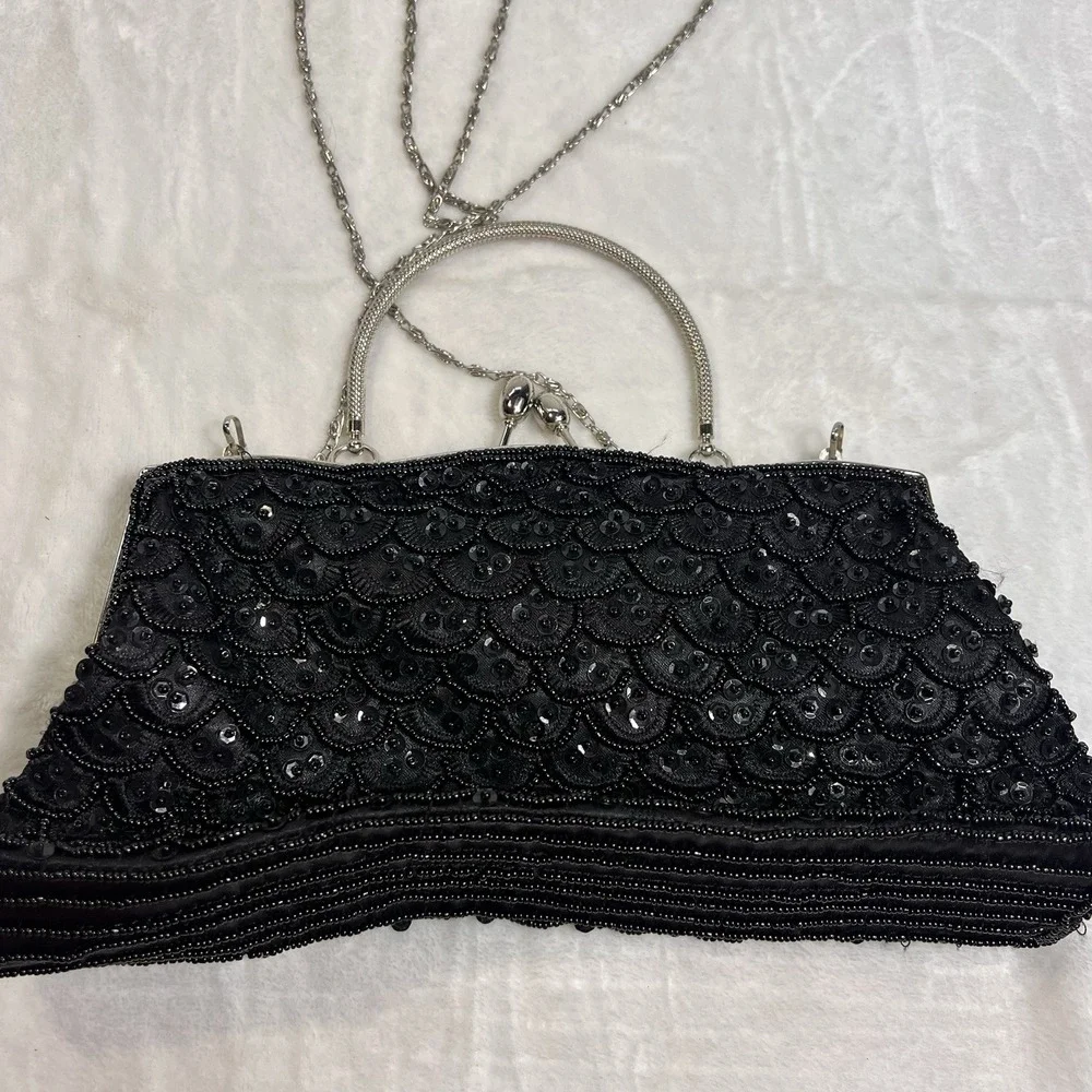 Vintage MG Collection Black Beaded Evening Bag Kisslock Chain Clutch Purse